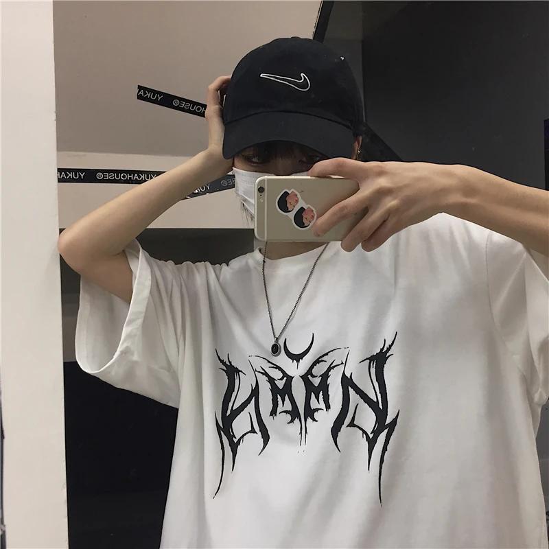 Women T Shirt Hip-Hop Loose Punk Letter Print Tops Tee Black T-shirt Female Summer T-shirt 90s Graphic Tee Female Cute Tops Tee Unisex