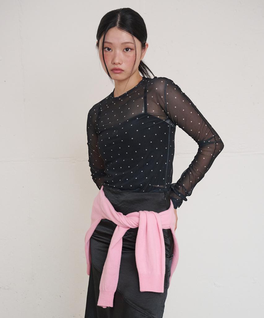 OPENING SUNSHINE Dot See-Through Long Sleeve Mesh Top Black