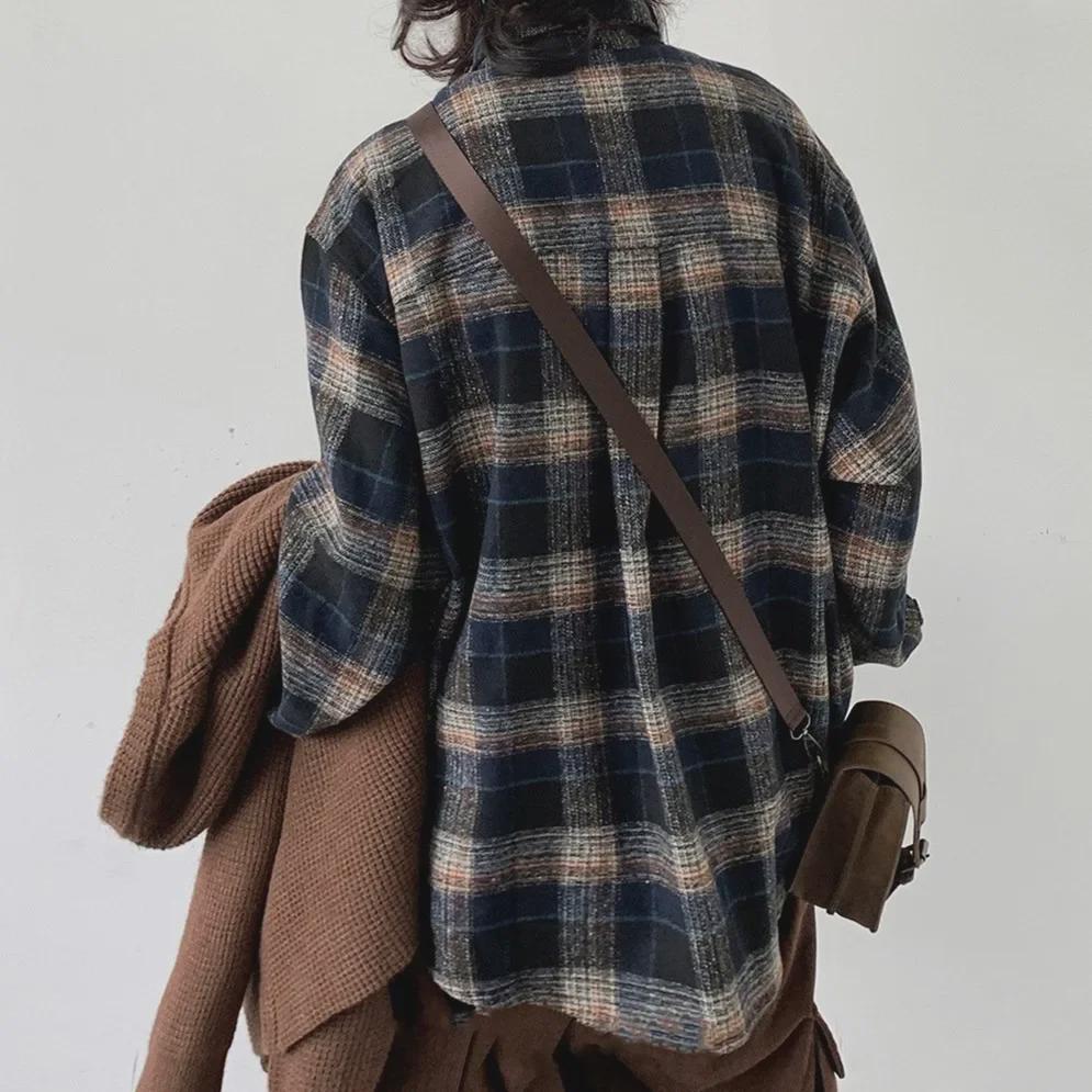 Unisex Japanese Retro Wool Plaid Long-Sleeve Shirt - Autumn/Winter College Style