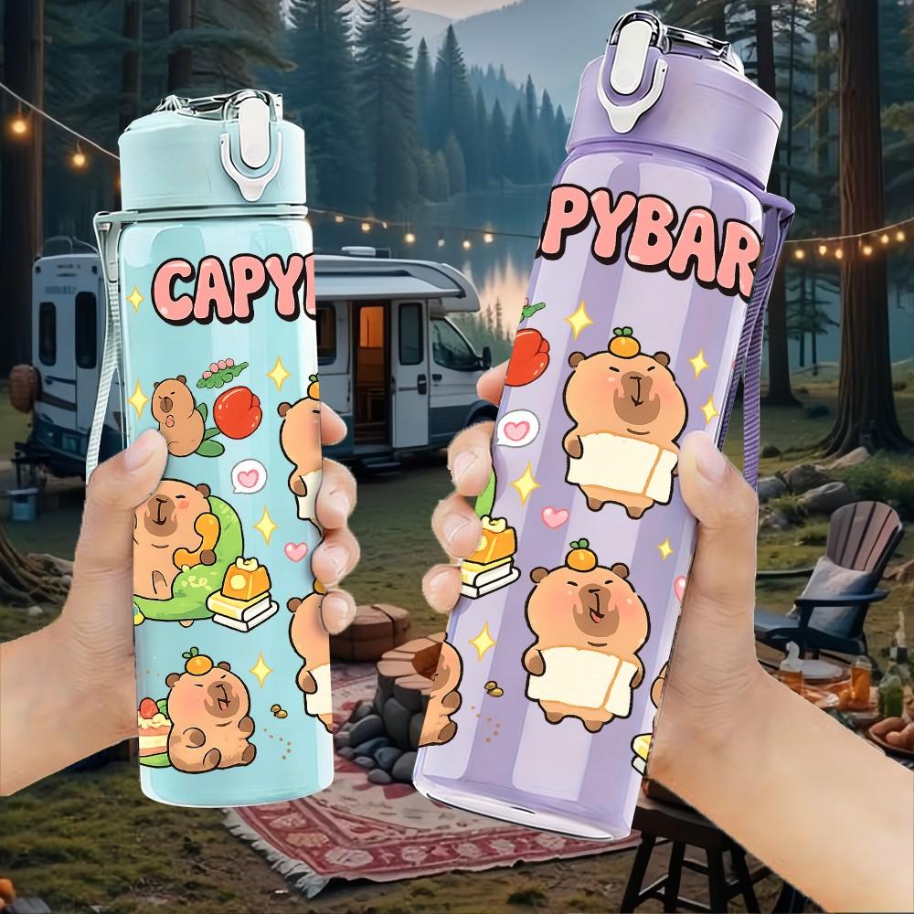 1PC Cute Cartoon Capybara Animal Art 750ml Color Plastic Sports Water Bottle Leakproof Flip Straw Lid Suitable for Sports Office Home Use