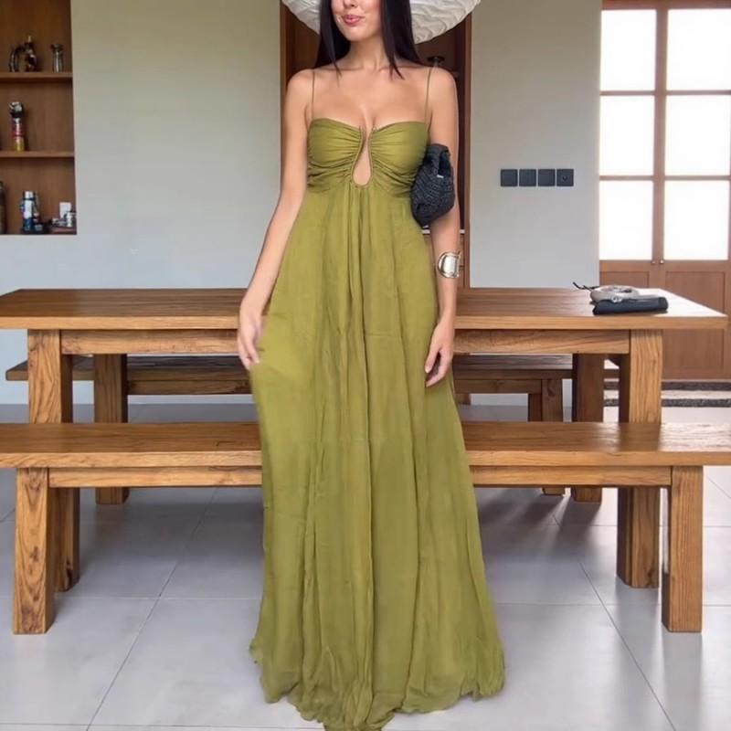 High-Waisted V-Neck Sleeveless Maxi Dress With Flared Skirt Solid Color Resort Wear 2025