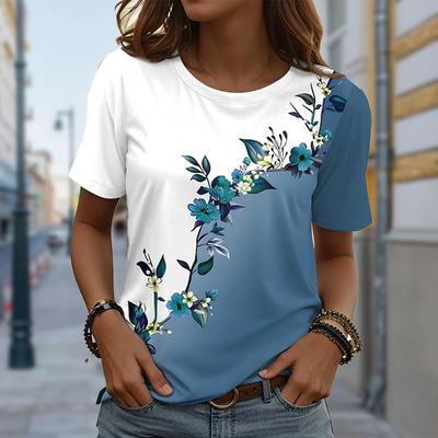 Women Summer T Shirt Flower Retro Fashion Short Sleeve Tees Casual   Printed  Tops