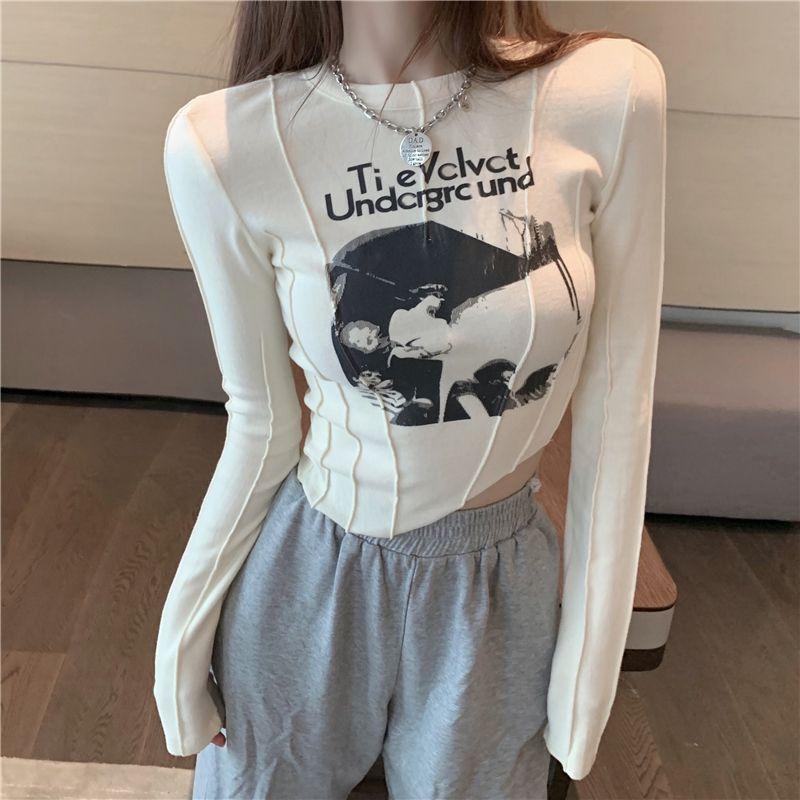 Sexy Women T-shirts Printed Long Sleeve Girls Y2K Tees Street Wear Fashion Casual Tops