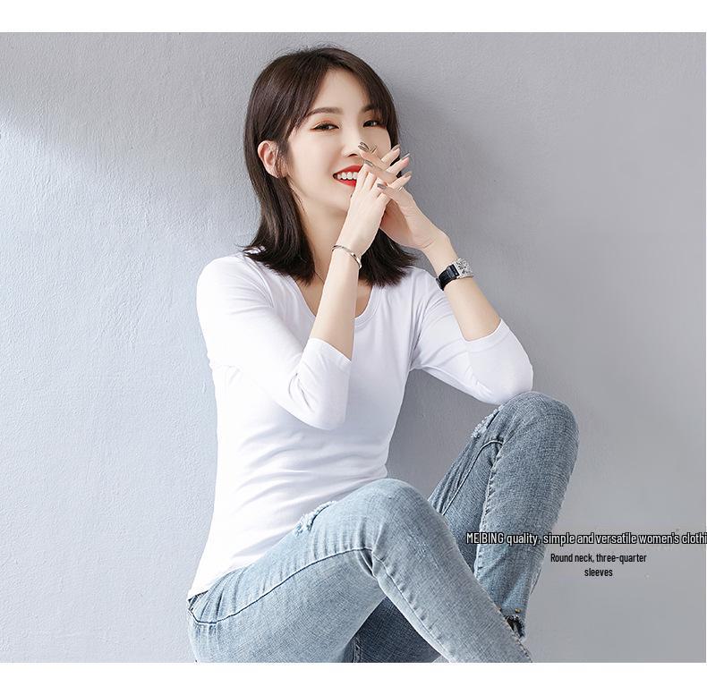 Women's Pure Cotton Three-Quarter Sleeve Slim Fit Mock Neck T-Shirt for Spring and Autumn 2022