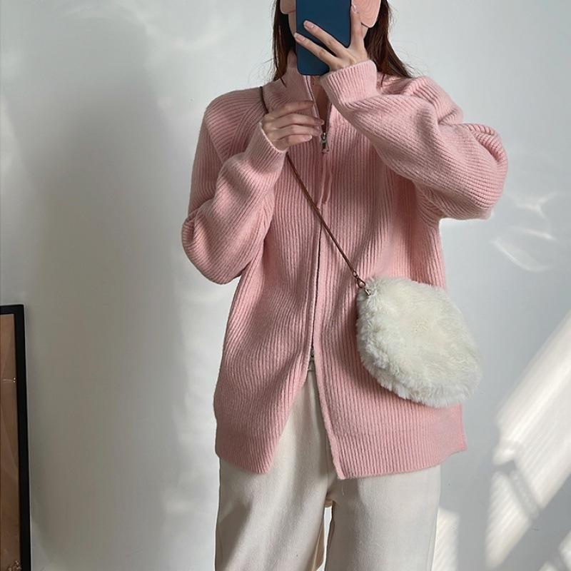 GMXIA Lapel Double Zipper Design Sense Knit Cardigan Women's Autumn and Winter Lazy Sweater