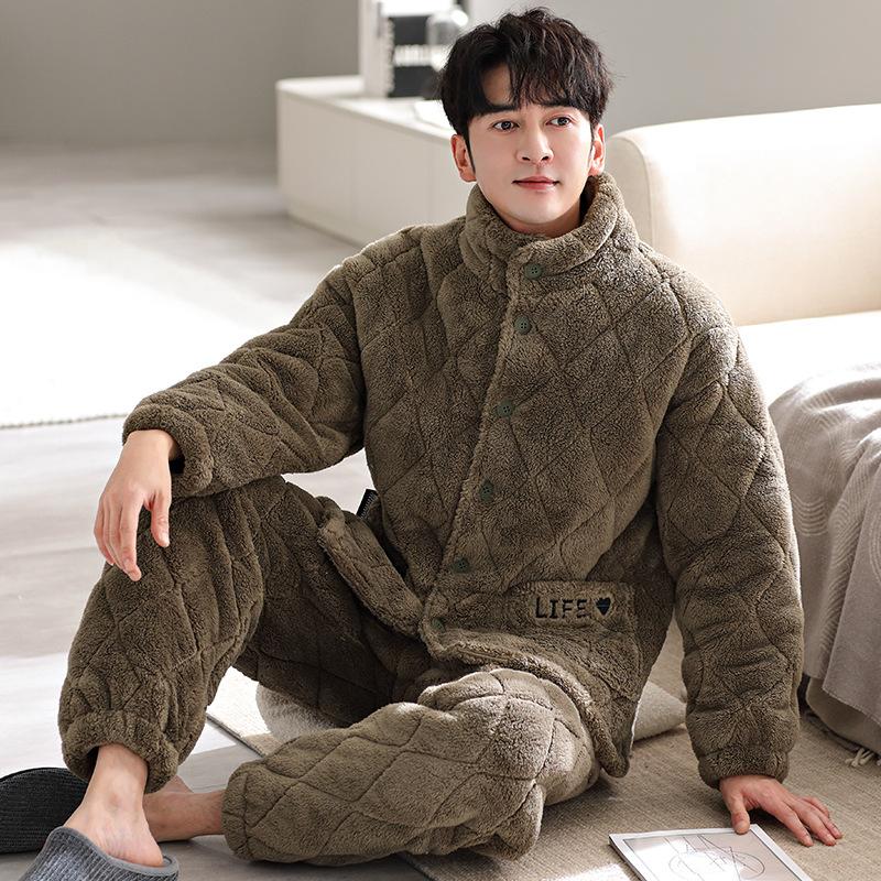 Antistatic padded couple pajamas women's winter three-layer thickened fleece padded jacket men's coral fleece warm loungewear