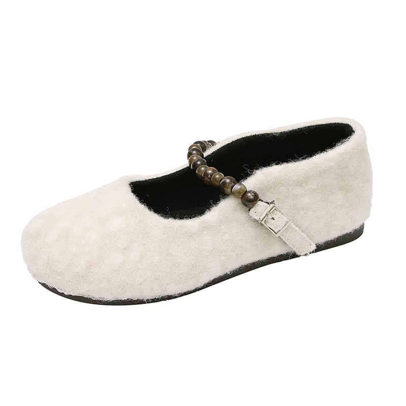 French Flat-bottomed Fairy Wind Lamb Wool Round Head Pearl Word with Fluffy Shoes Women Wear Autumn and Winter New Cotton Single Shoes