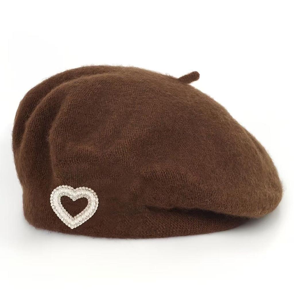 New autumn and winter wool beret women's pearl love rhinestone French face small warm painter hat