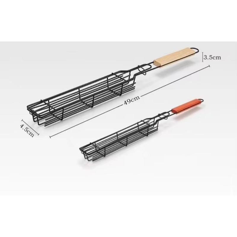 Wholesale Outdoor Wooden Handle Barbecue Cage Camping Meat and Vegetable Barbecue Net Rack Picnic Barbecue Tools