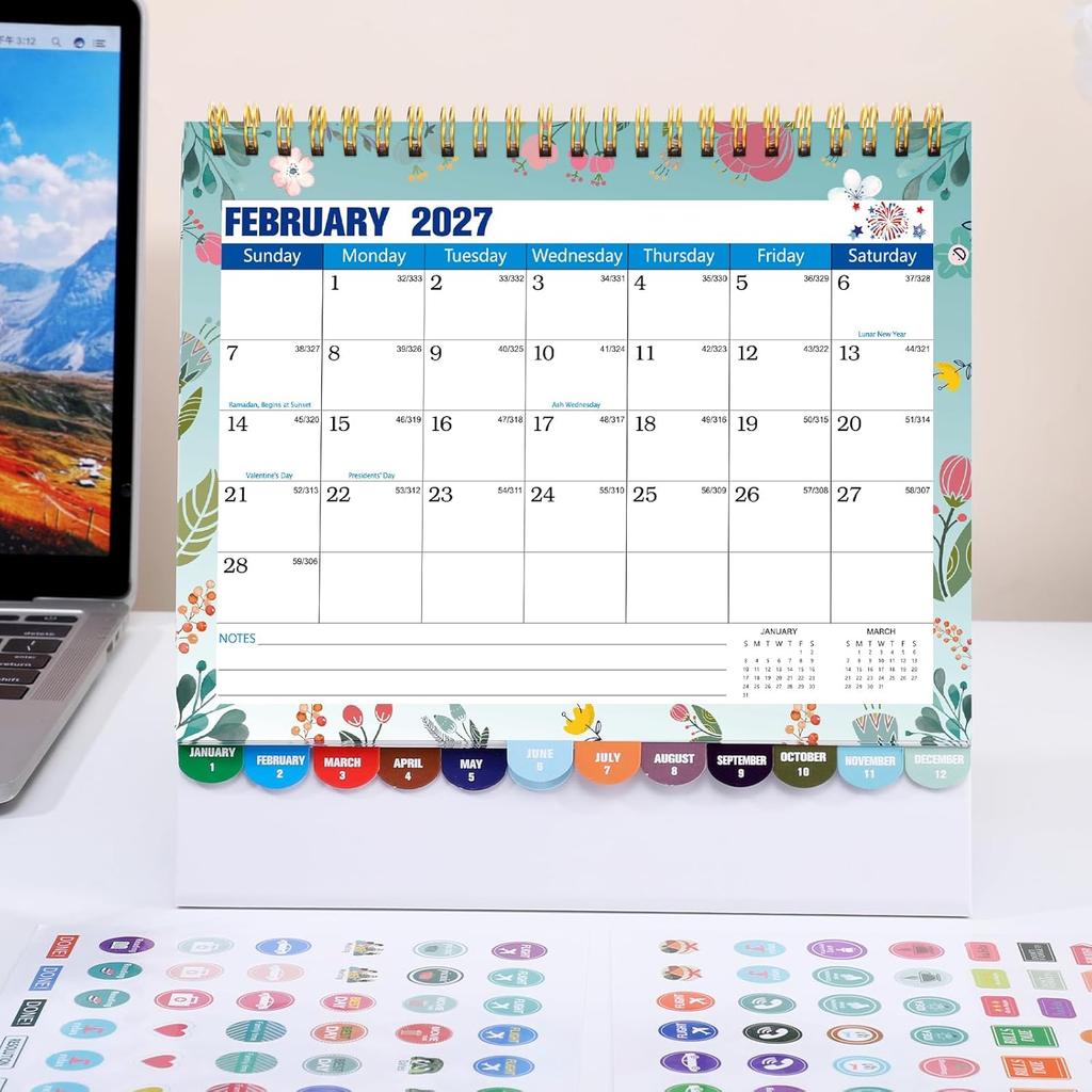 Mini Desk Calendar 2026-2027 with Stickers, 18 Months Standing Flip Small Desk Calendar 8" x 6" Runs from January Until July 2027 Mini Desktop
