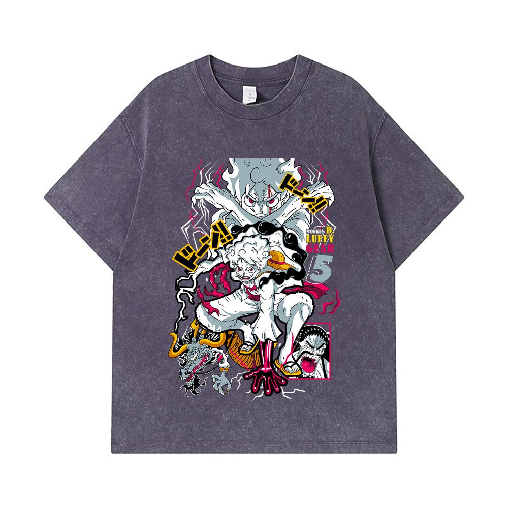 275 GSM Washed T-shirts 100% Cotton One Piece V23 Luffy Gear Print Unisex Heavy Cotton T Shirt