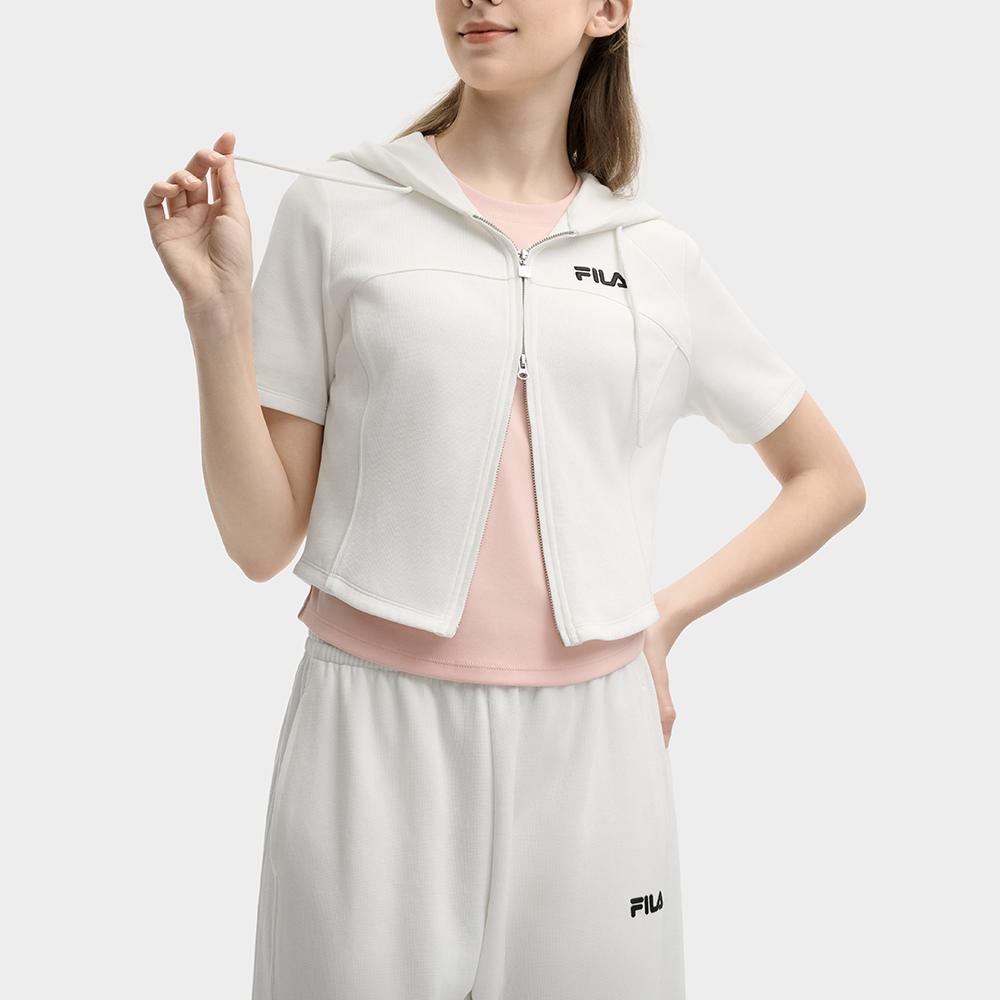 FILA Original Fashion Casual Short Sleeve Knitted Slim Jacket Women jackets Cloud-Mushroom-White F11W529501F-WT