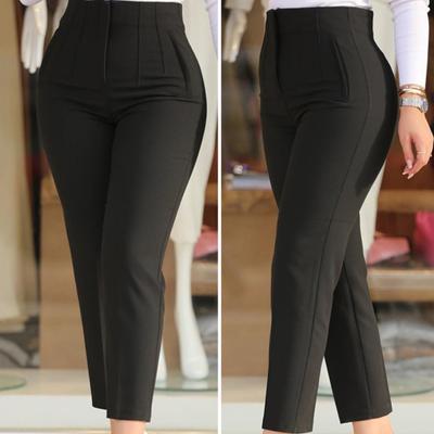 Hohe Taille Falten Taschen Neun-Zehntel Länge Damen Hose Einfarbige Gerade Beine Anzug Hosen