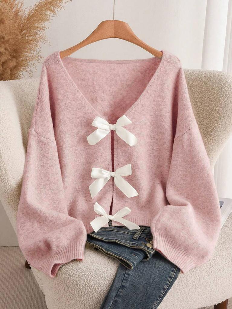 Design bow knitted cardigan autumn and winter new loose versatile lazy style knitted sweater