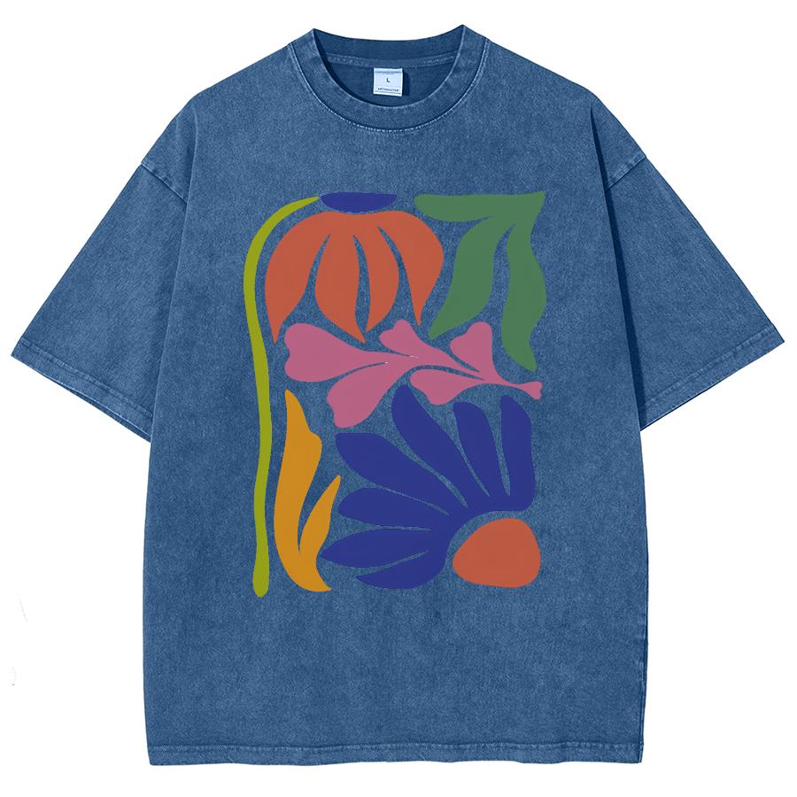 Cartoon Color Aquatic Plant Print Women's T-Shirt Oversized Washed Denim Short Sleeve Vintage Distressed Niche Top