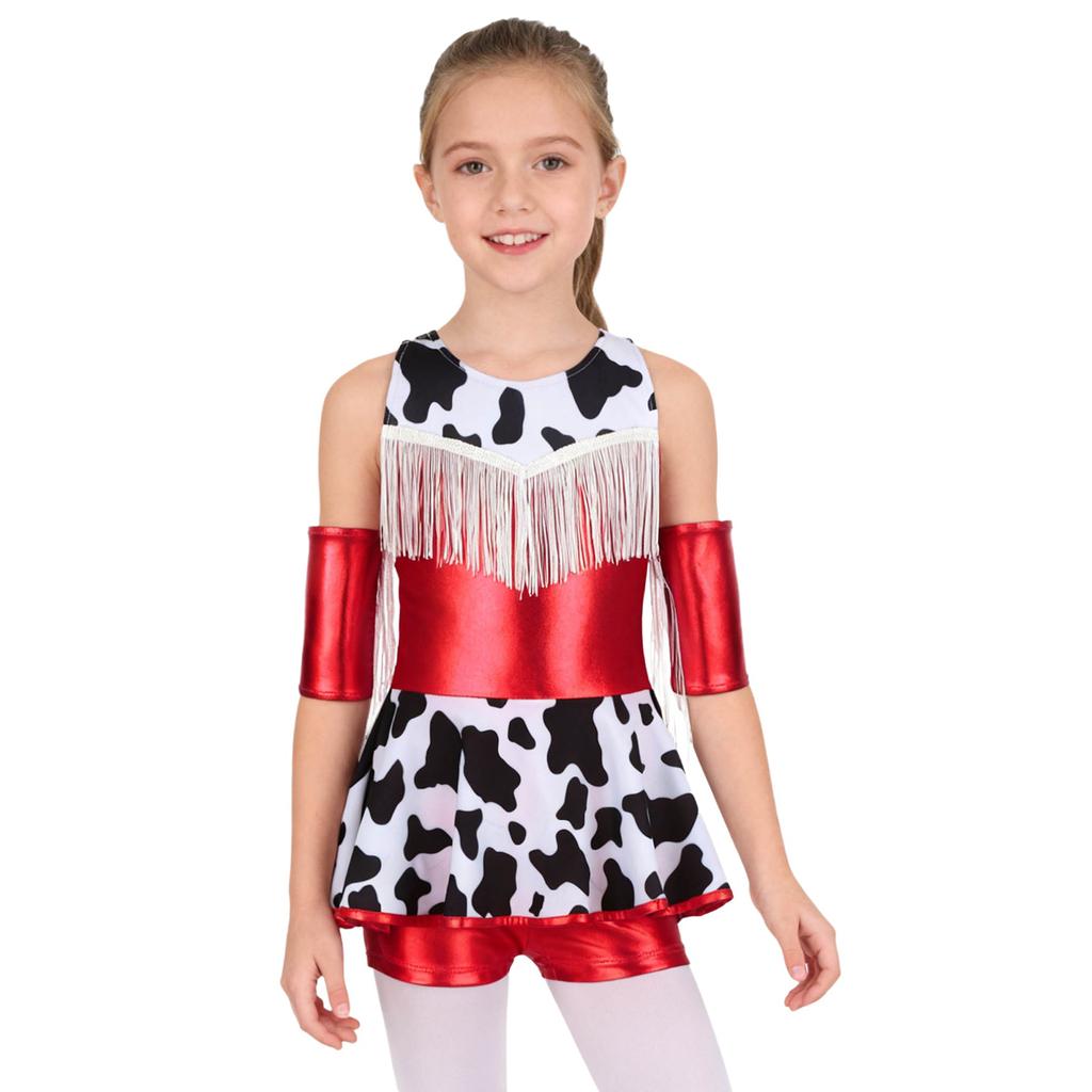 Mädchen Cowgirl Party Kostüm Metallisch Glänzendes Kleid Fransen Design auf der Brust Kreuzförmige Schulterträger Rückenfreies Oberteil mit Shorts