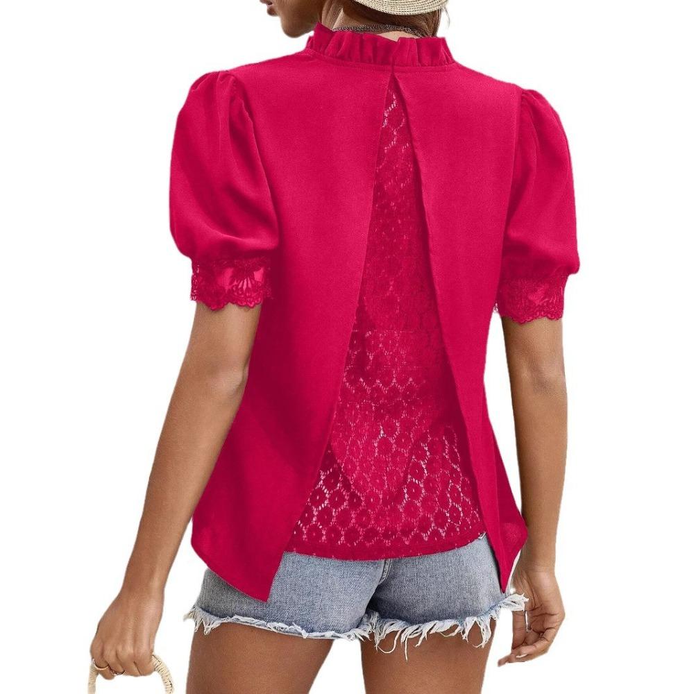 Women's Short-sleeved Tops Summer New Fashion T-shirt Versatile V-neck Shirt Lantern Sleeve Splicing Lace Blouse