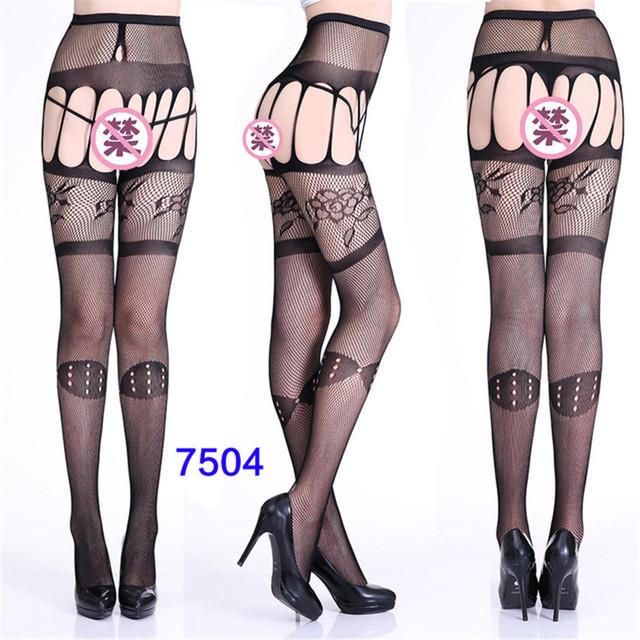 Sexy Lingerie Women's Fishnet Stockings With Garter Belt Summer Thin Lace Patterned Mesh Tights Female Black Suspender Pantyhose