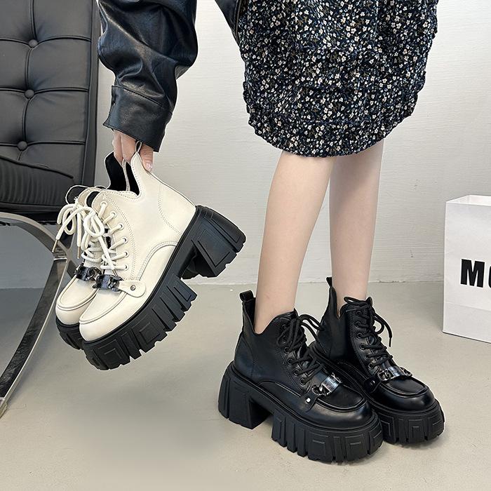 American Retro Thick Heel High Heel Small Leather Shoes Autumn and Winter Fashion Platform Short Boots British Style Lace-up Women's Martin Boots