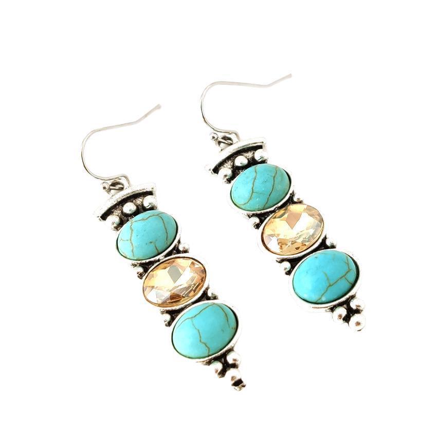 European Bohemian Turquoise & Champagne Crystal Long Dangle Earrings for Women