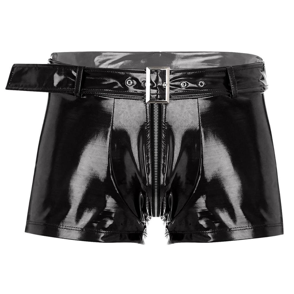 Mens Wet Look Boxer Shorts Waist Belt Double Zipper Openable Crotch Bulge Pouch Underwear Nightclub Sexy Nightwear