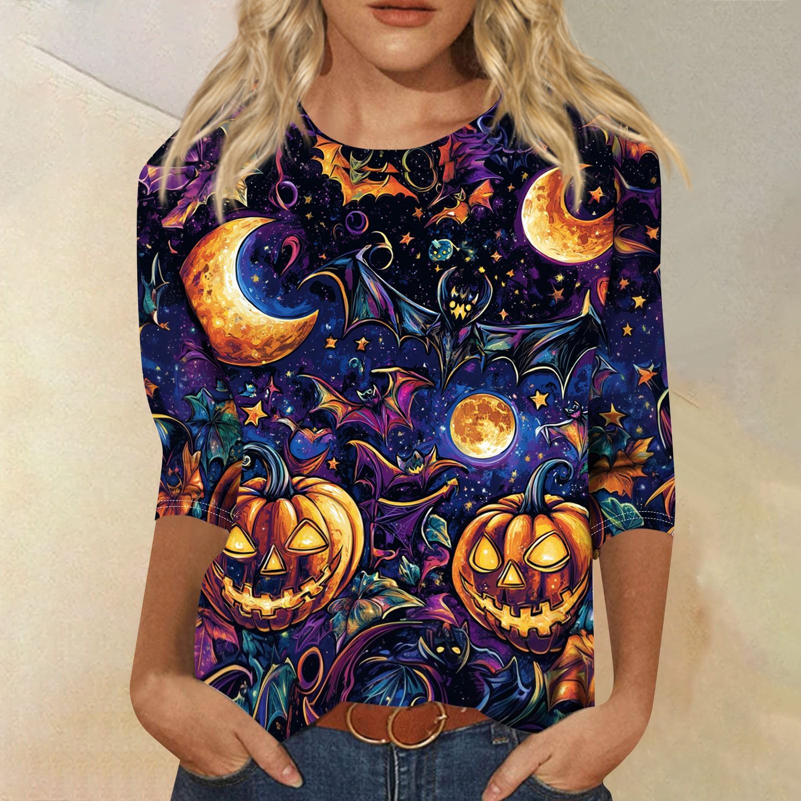 

Women s Halloween Print Shirt Three Quarter Sleeve Round Neck Loose Casual Blouse T Shirt Suitable for Seasonal Wear and Everyday Use XL жовтий