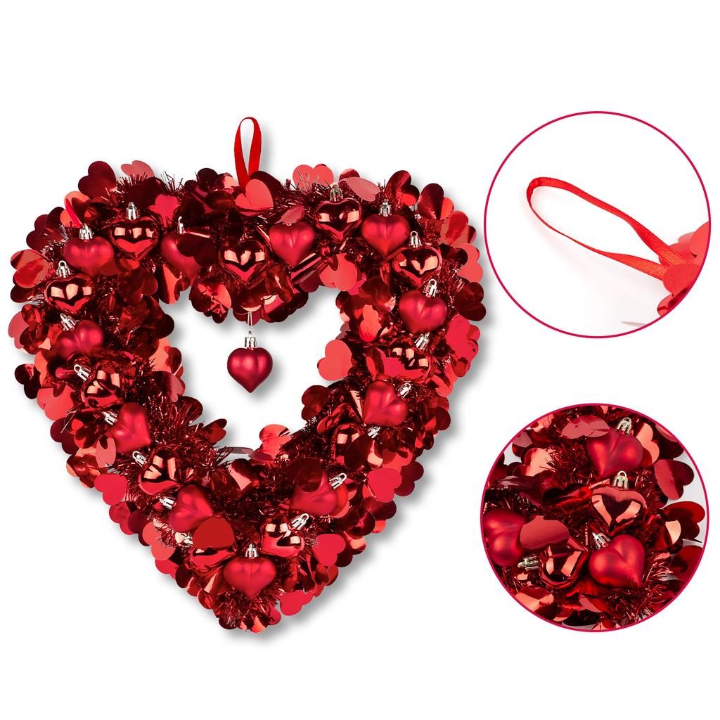 Valentines Day Wreaths for Front Door,14-Inch Valentine's Day Wreath with Lights,Heart Design with Heart-Shaped Ornaments