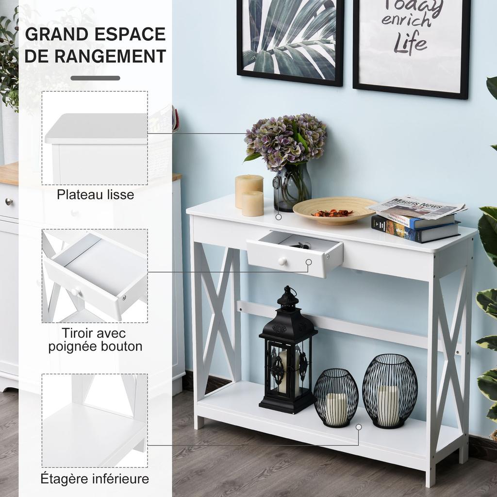 Mesa Consola Mesa de Entrada Con 1 Cajón + 1 Estante Dim. 100L X 30A X 81A Cm En Madera Blanco