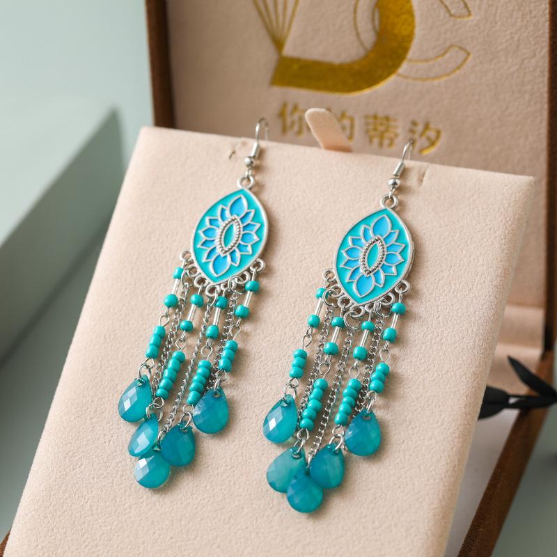 Bohemian Enamel Flower Water Drop Earrings for Women Ethnic Vintage Multicolor Beaded Long Earrings Vacation Daily Jewelry