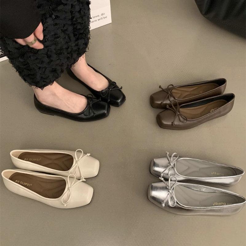 Fashion Flat Shoes for Women's Spring and Autumn Square Toe Casual Bow French Retro Plus Size Women's Shoes 42 43 44 Loafers Women