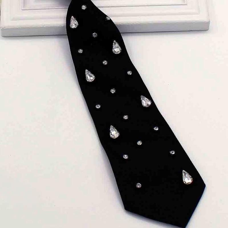 Elegant Rhinestones Embellished JK Shirt Tie for Women Men Harajuku Student Uniform Adjustable Pre Tied Black Necktie
