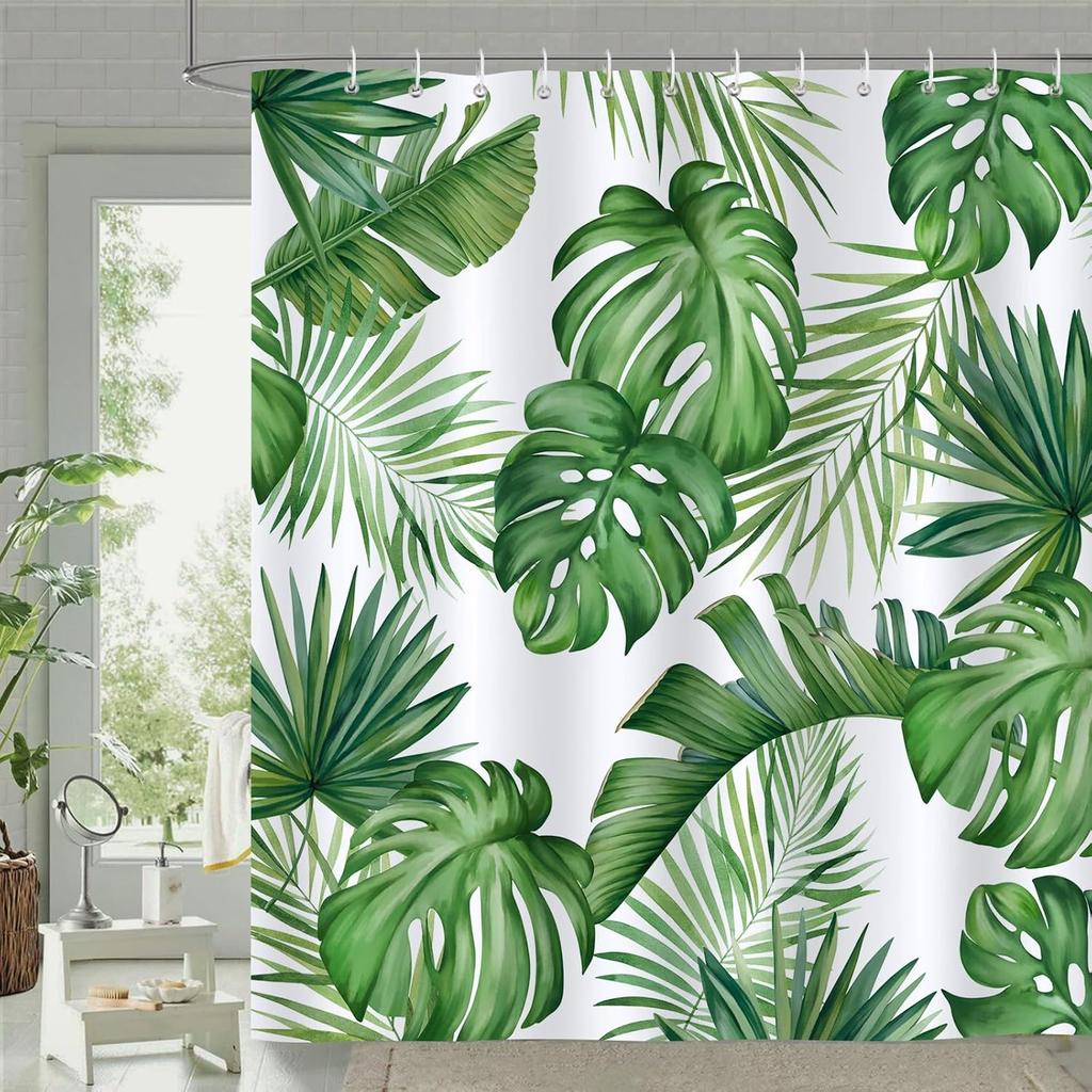 Banana leaf tropical plant green shower curtain 180 x 200cm polyester waterproof mildew washable shower curtain with 12 hooks