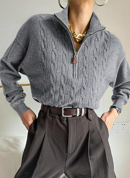 Women's Half-High Collar Zipper Ribbed Knit Pullover Sweater, Short-Sleeve, Loose Fit, 2025 Autumn/Winter Collection.