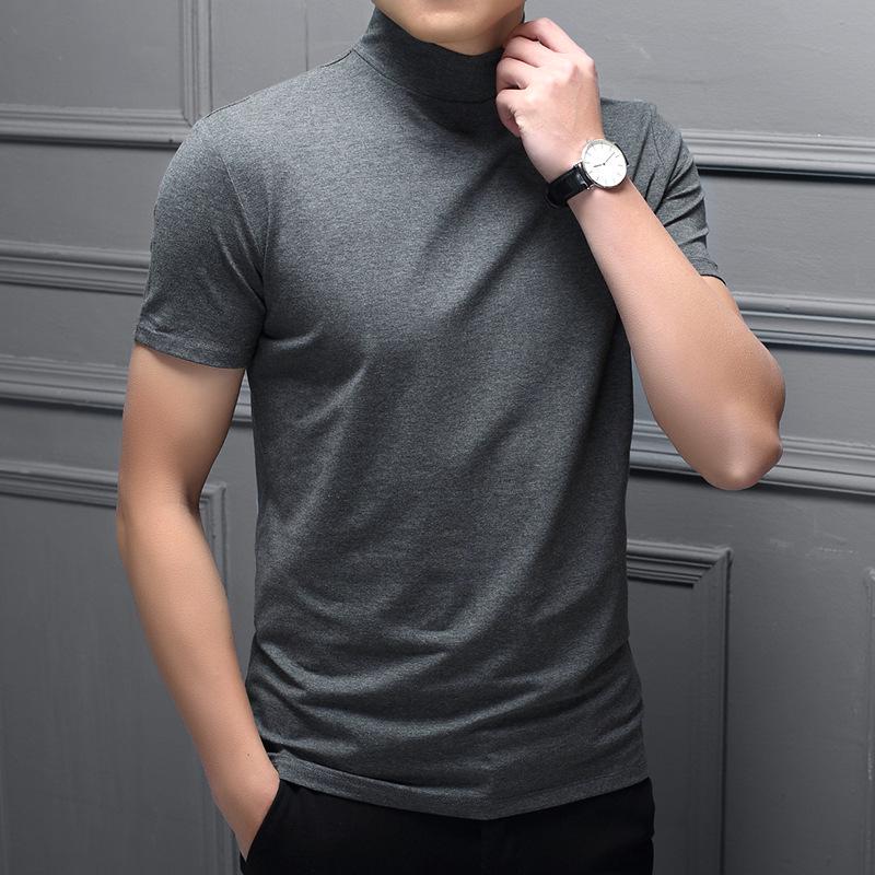 Men's Spring/Summer Milk Silk Turtleneck T-Shirt - Slim Fit, Solid Color, Short Sleeve