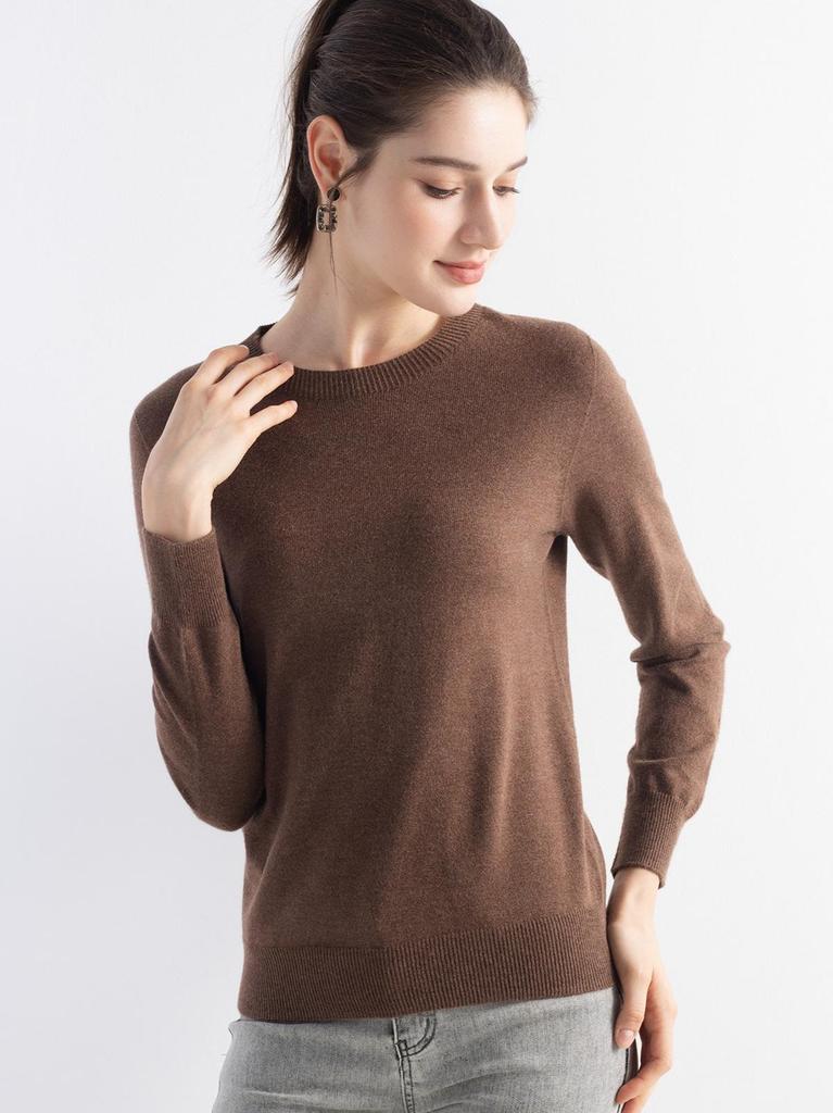 Women's Solid Color Wool Pullover Sweater - Round Neck, Long Sleeve, Versatile Base Layer Knitwear