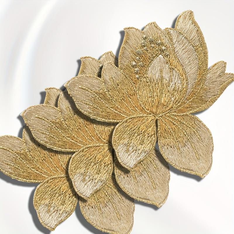 3 шт. Элегантные золотые нашивки-термонаклейки с вышивкой лотоса, Аппликации с вышивкой цветов, Подходят для футболок, курток, джинсов, сумок, сценических костюмов золотистый