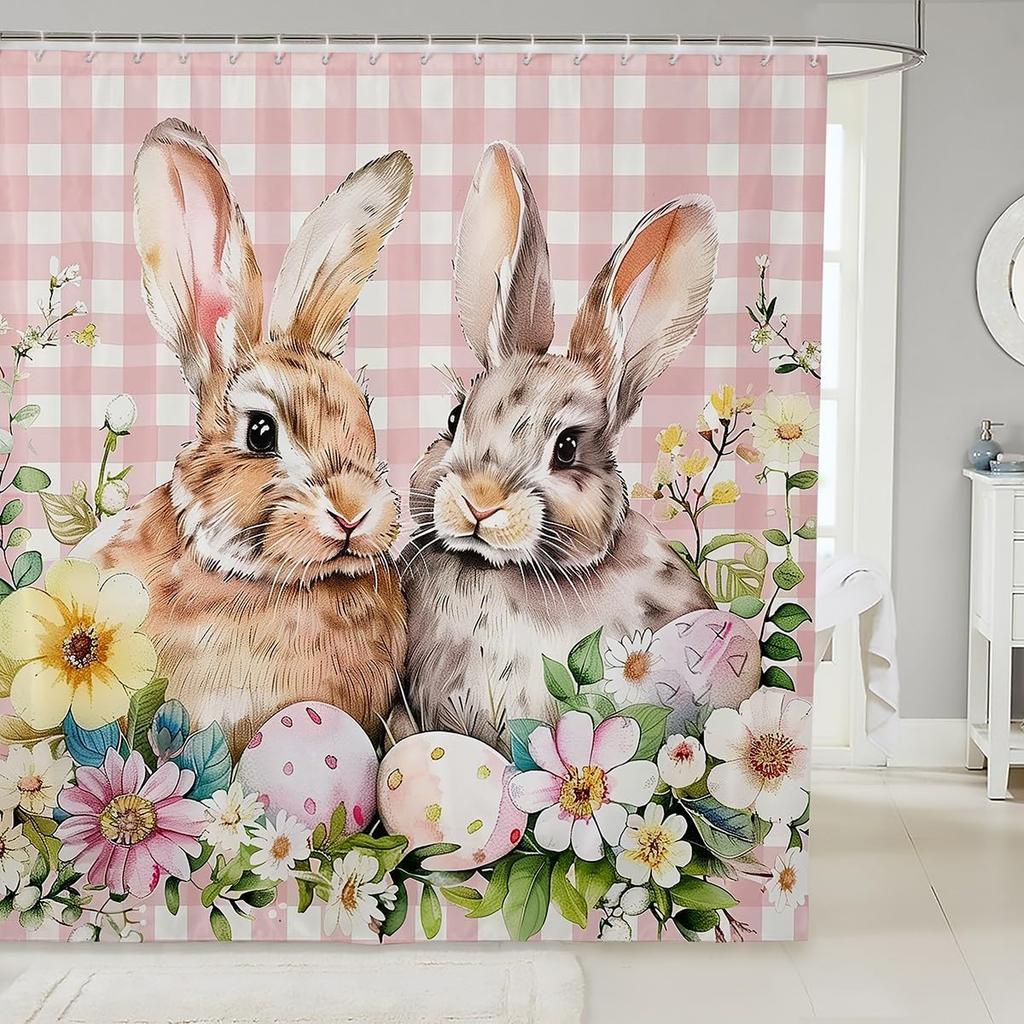 Easter Rabbit Bath Curtain Cute Bunny Shower Curtain For Kids Boys Girls Watercolor Eggs Bathroom Decor Pet Animals Bathroom