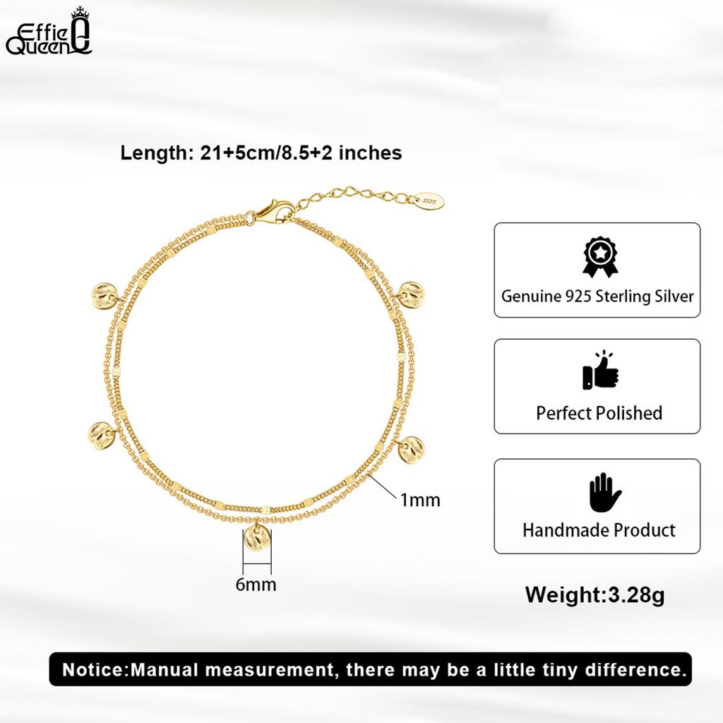 EFFIE QUEEN Women's Dainty Double Layered Chain Anklets Jewelry 925 Pure Silver Minimalist Round Pendants Anklet Foot Chain SA64