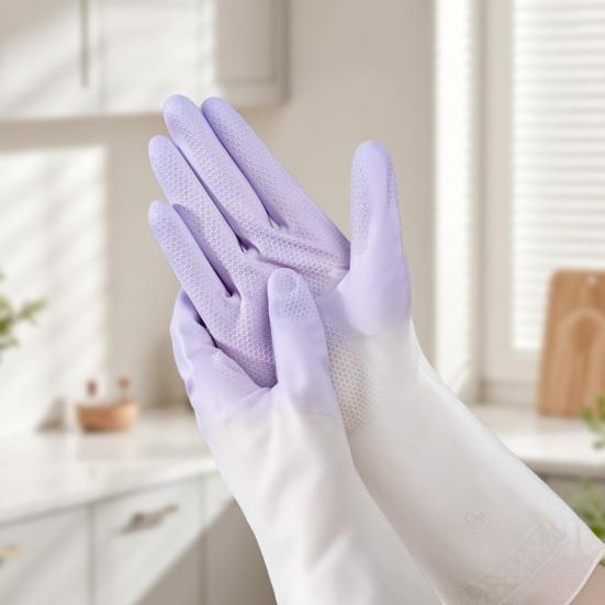1 Pair Household Cleaning Gloves Waterproof Anti-Slip Protective Gloves with Extended Cuffs Dishes Cleaning Kitchen Gloves
