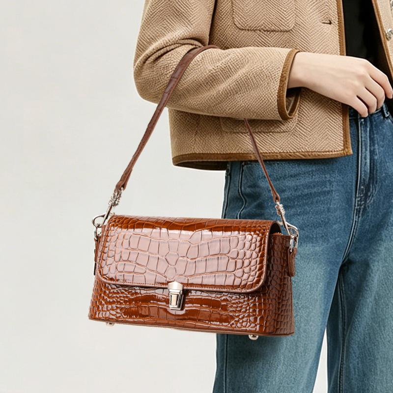 Aidrani Crocodile Pattern Brown Shoulder Bag Retro Flap Handbag with Metal Lock