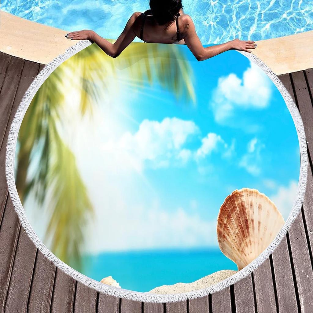 Round Beach Towels,Wave Seashell Print Sand Resistant Beach Blanket,Soft Absorbent Quick Dry Pool Towels Portable Picnic Mat