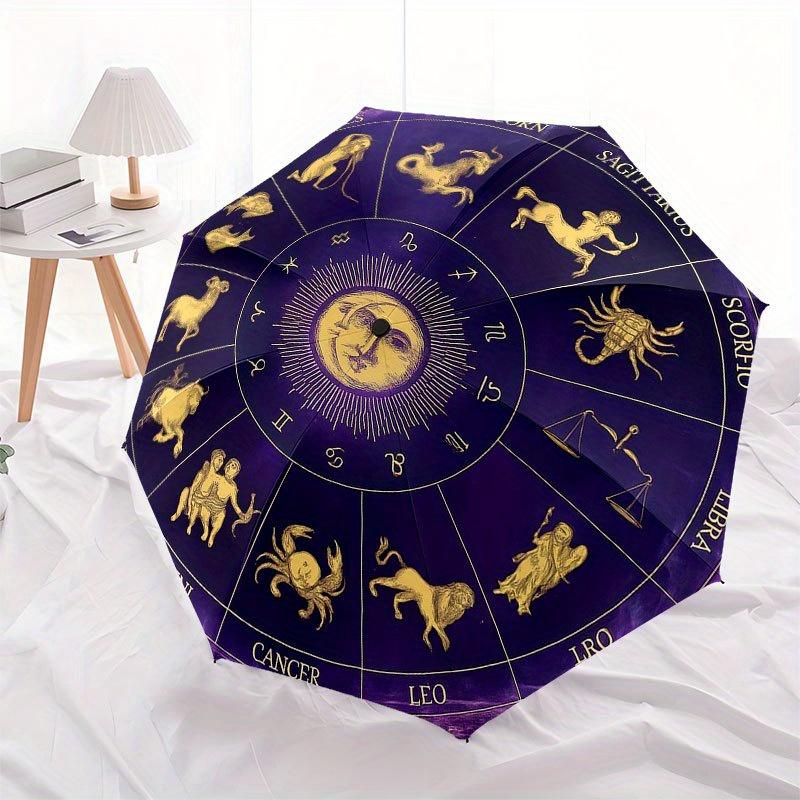 Zodiac Horoscope Astrology Wheel Decor Umbrella, Portable 3-Fold Compact Umbrella for Men & Women R127
