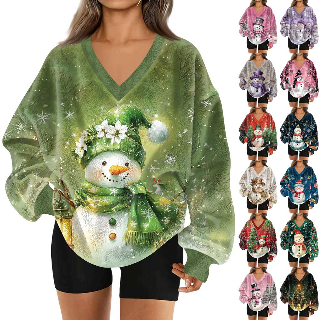 Women's Fashionable V-neck Christmas Printed Long Sleeved Casual Pullover Plush Warm Sweatshirt Top