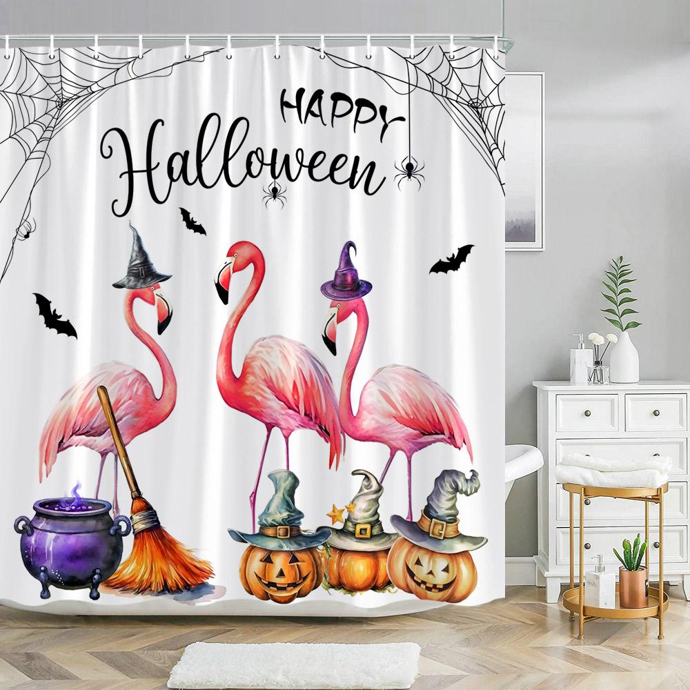 Scary Halloween Shower Curtains Black Cat Pumpkin Shower Curtain Witch Purple Bat Spider Web Cloth Shower Curtain Bathroom Decor