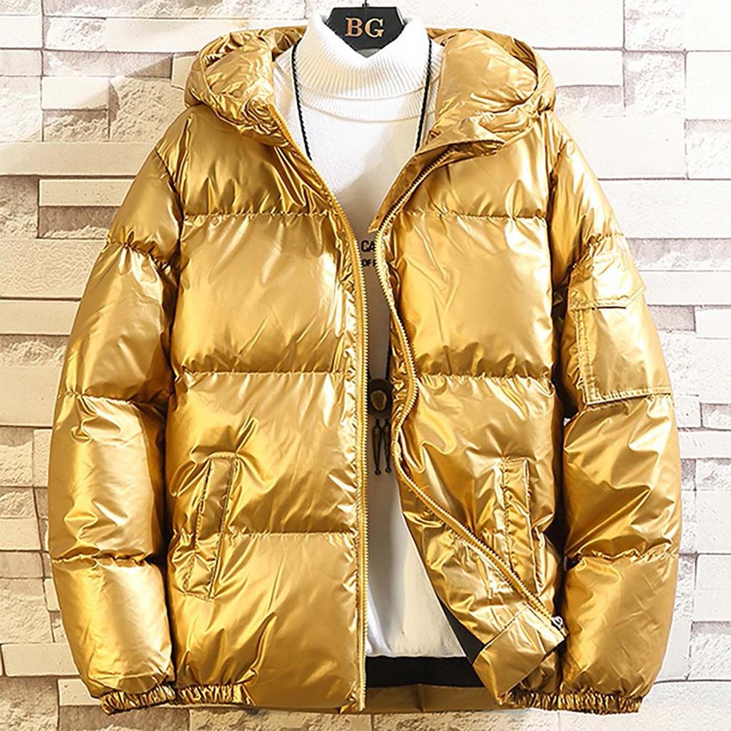 Men's Winter Parkas Solid Color Casual Glossy Warm Down Jacket With Hood Fashion Zipper Fleece Lined Puffer Outwears Jacket