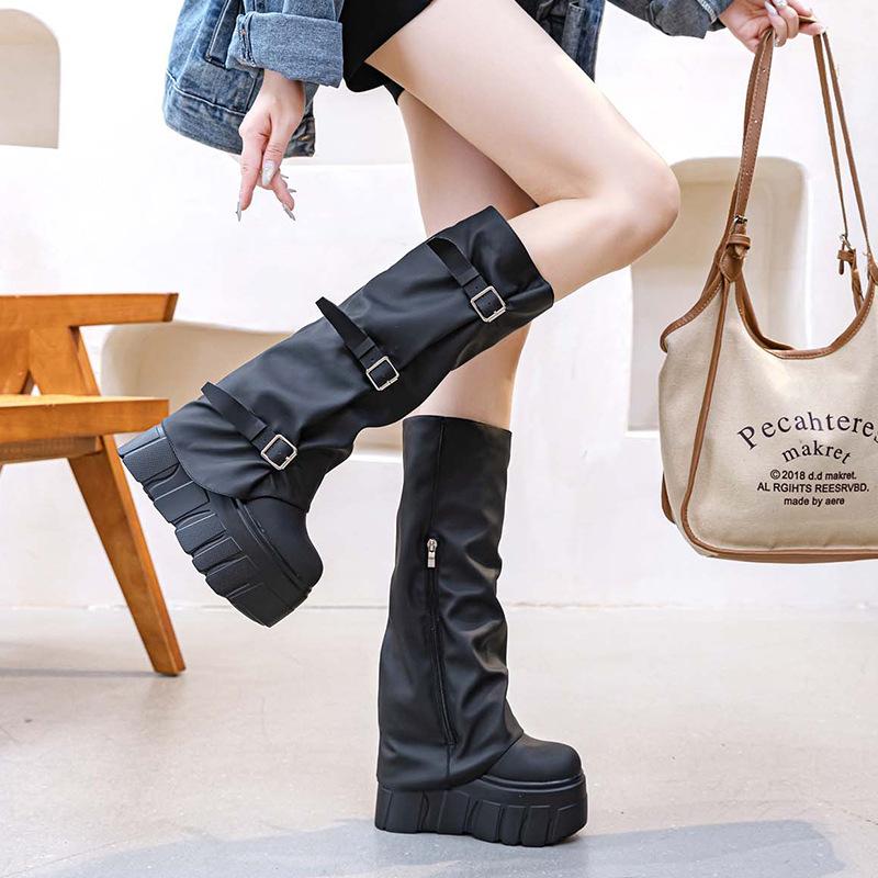 Long Boots In the Autumn and Winter of 2025, New Thick-soled Boots, High Boots for Women's Design, Belt Buckle Side Zipper But Knee