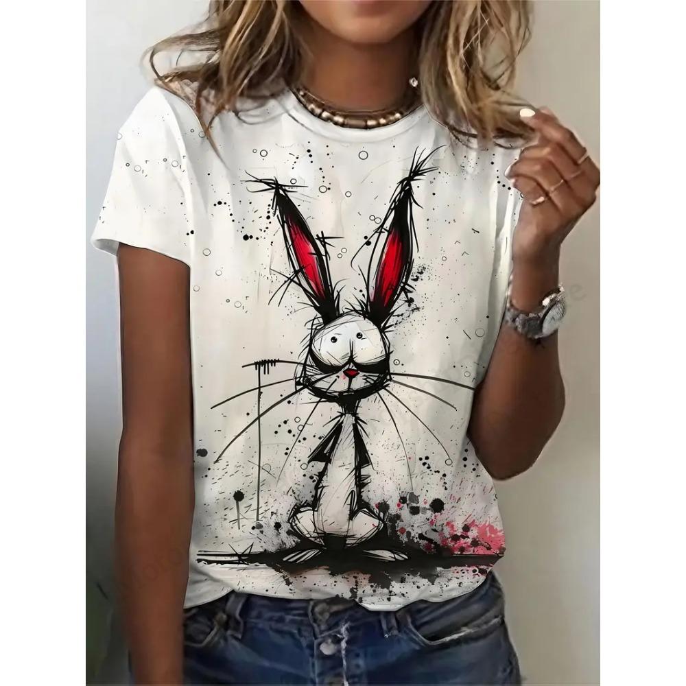 Anime Cat and Duck 3D Printed Pattern T-shirt for Women, Fashionable and Casual Cartoon Plus Size Short Sleeved Top T-shirt for Women, Clothing Animal