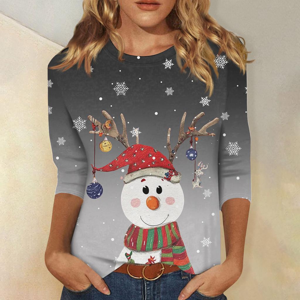 3/4-Ärmel-Shirts für Damen Druck Weihnachts-T-Shirts Blusen Lässig Übergröße Basic-Oberteile Pullover