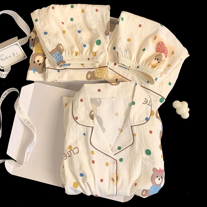 Color Polka Dot Bear Pajamas Women'S Summer Cloud Cotton Short-Sleeved Three-Piece Casual Thin Loungewear