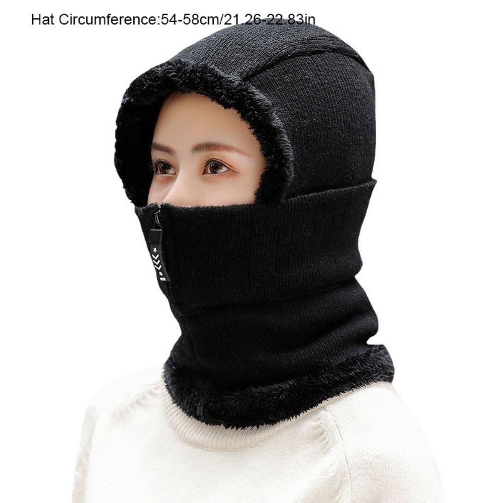 Simple Zipper Knitted Scarf Hat Thickened Windproof Hooded Thermal Cap Mask Ear Warmer Knitted Balaclava Cap Winter